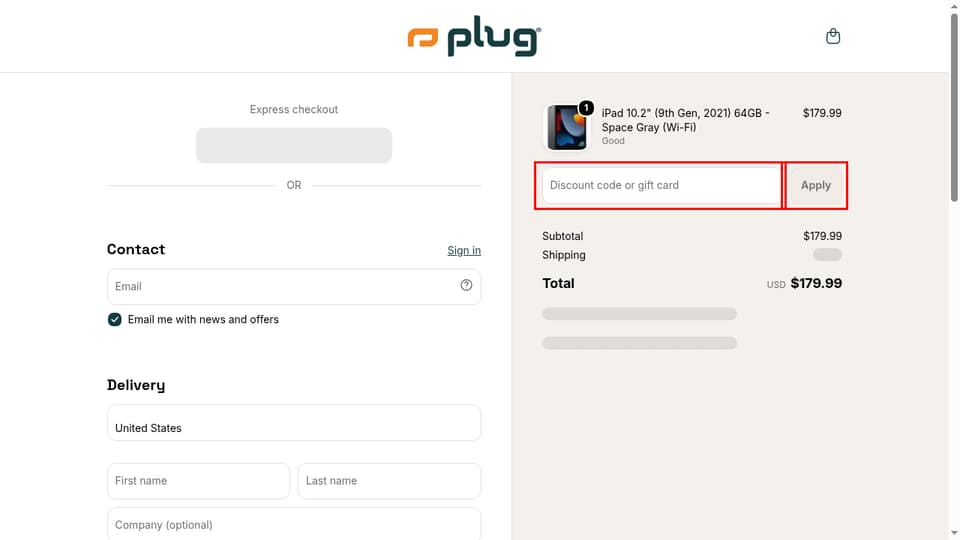 Plug checkout page showing the Discount code or gift card field and Apply button