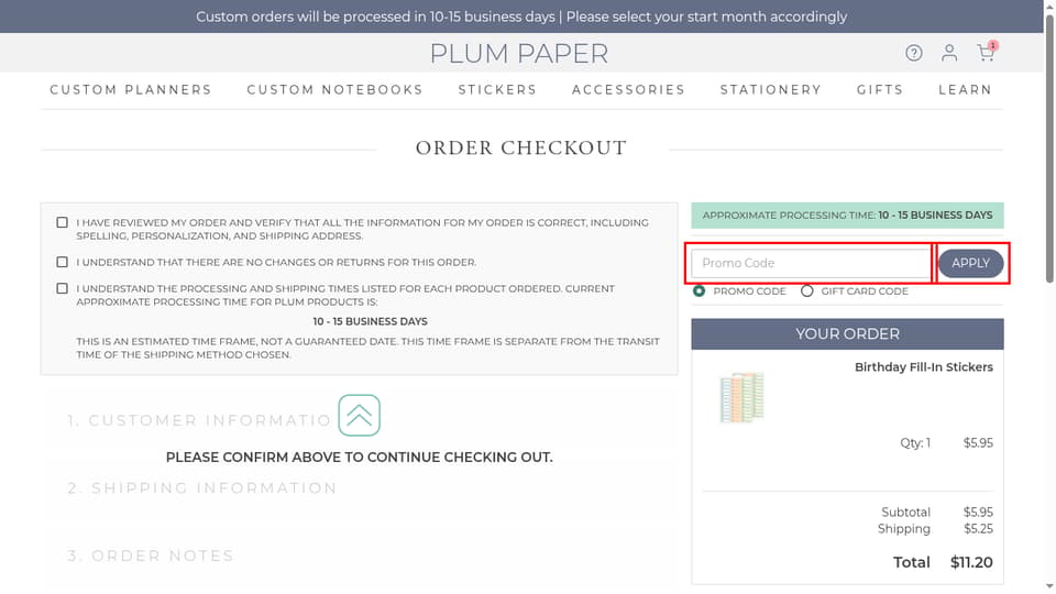 Plum Paper checkout page showing the Promo Code field and Apply button