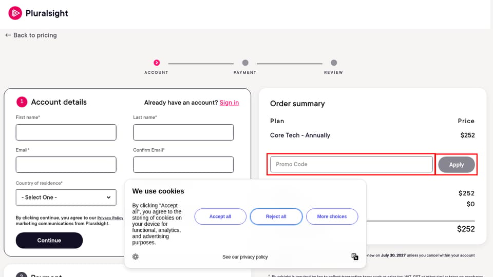 Pluralsight checkout page showing the Promo Code field and Apply button