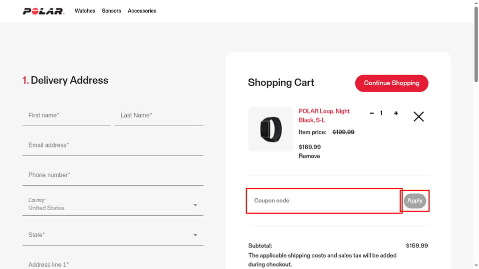 Polar checkout page showing the Coupon code field and Apply button