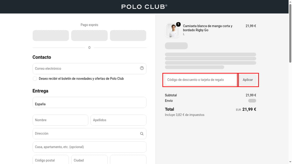 Polo Club checkout page showing the Código de descuento o tarjeta de regalo field and Aplicar button