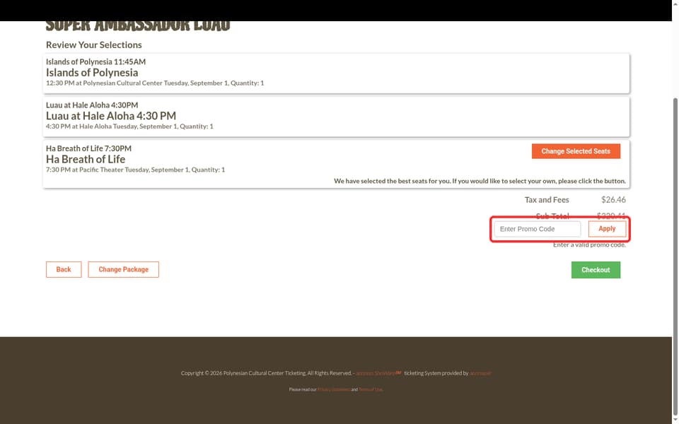 Polynesian Cultural Center checkout page showing the Enter Promo Code field and Apply button