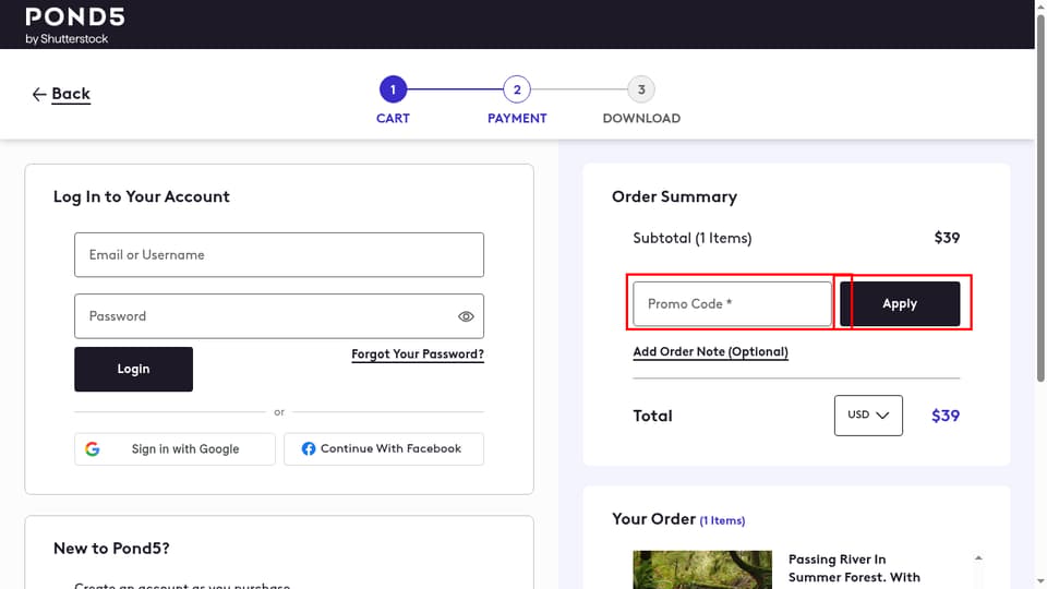 Pond5 checkout page showing the Promo Code field and Apply button