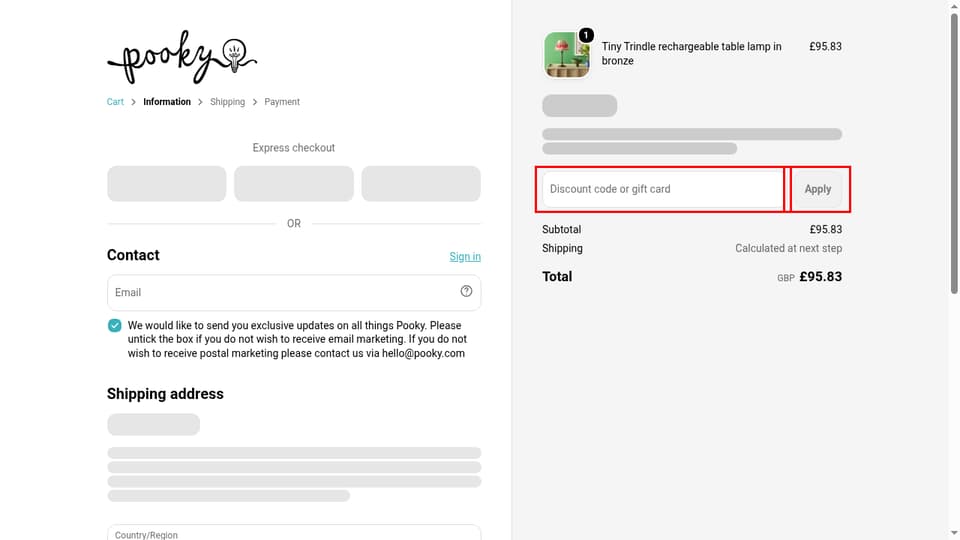 Pooky checkout page showing the Discount code or gift card field and Apply button