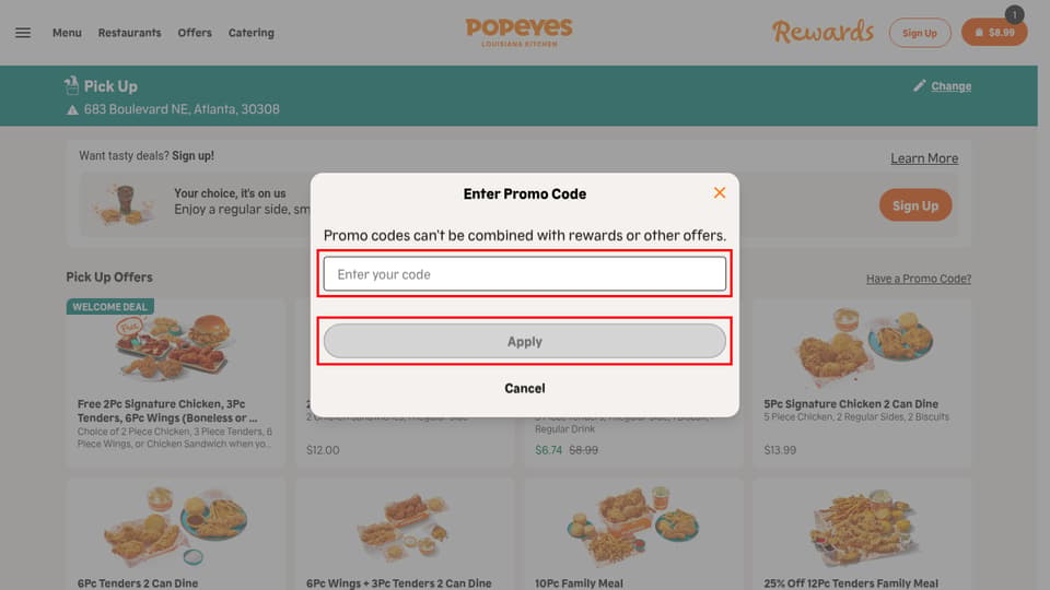 Popeyes checkout page showing the Enter your code field and Apply button