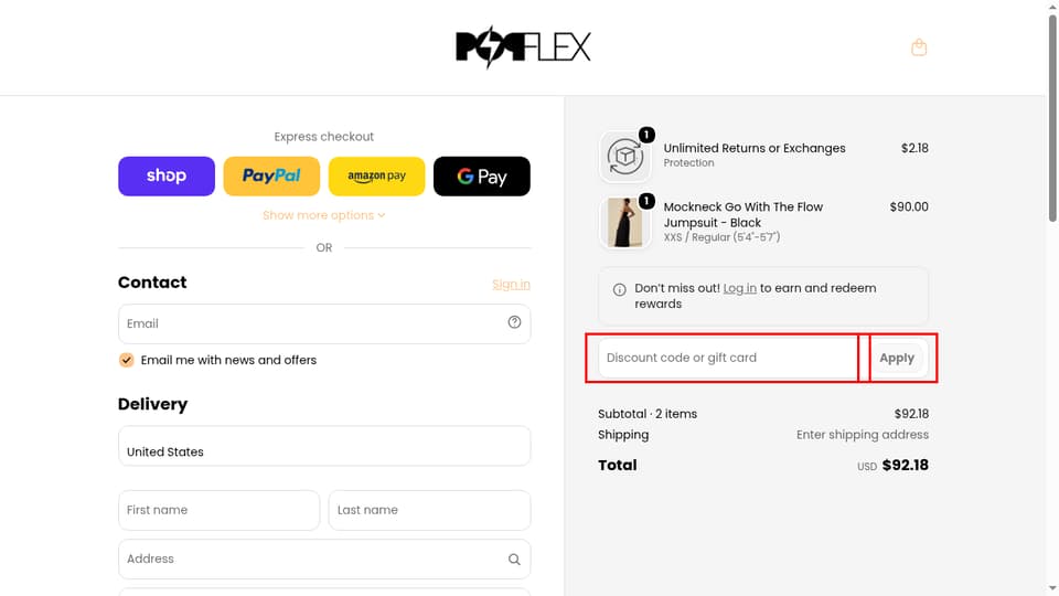 POPFLEX checkout page showing the Discount code or gift card field and Apply button