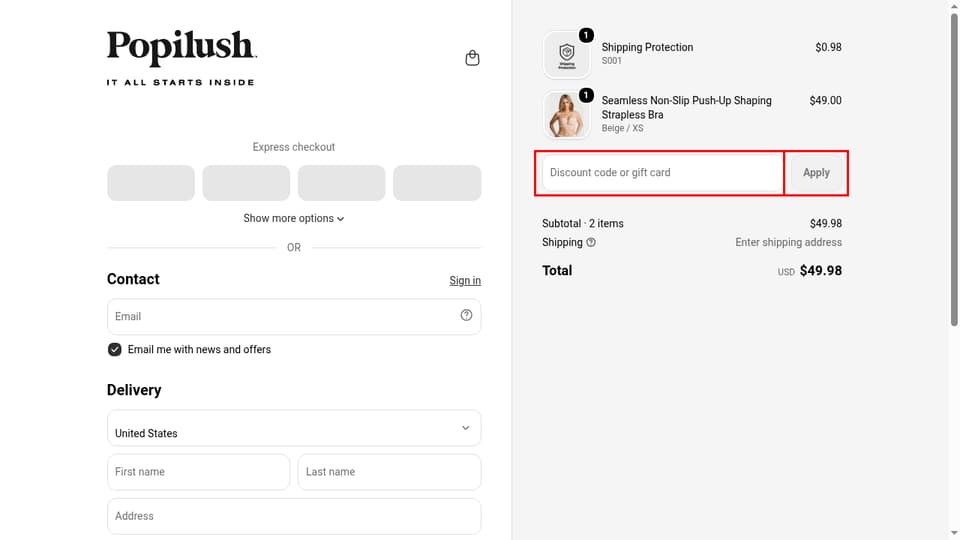 Popilush checkout page showing the Discount code or gift card field and Apply button