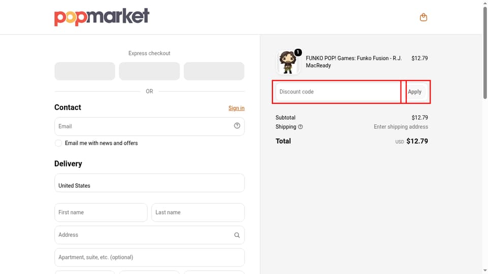 PopMarket checkout page showing the Discount code field and Apply button
