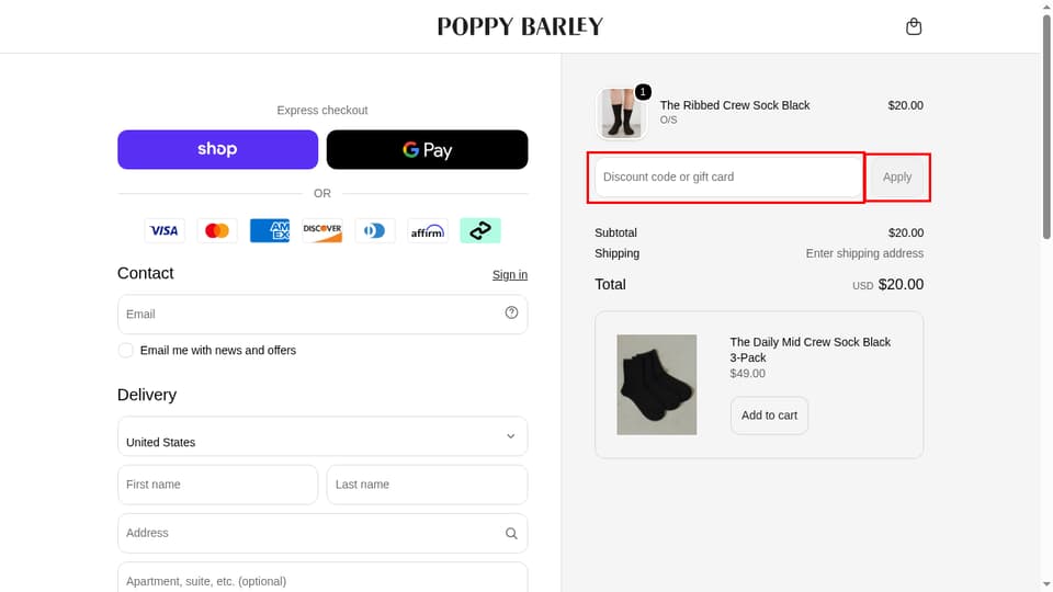 Poppy Barley checkout page showing the Discount code or gift card field and Apply button