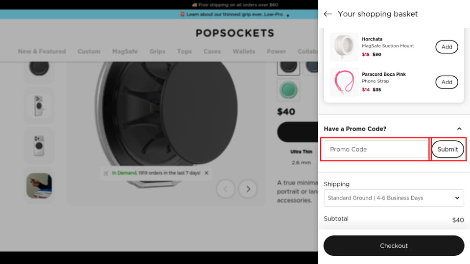 PopSockets checkout page showing the Promo Code field and Submit button