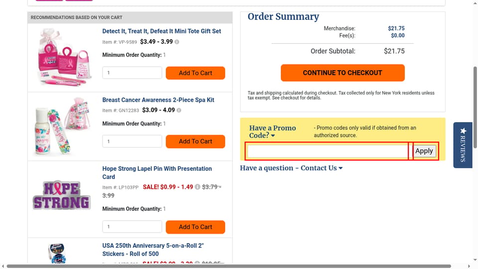Positive Promotions checkout page showing the keycode input field and Apply button