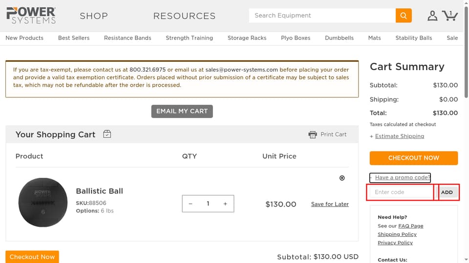 Power Systems checkout page showing the Enter code field and Add button