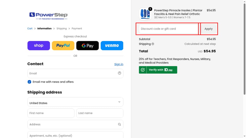 PowerStep checkout page showing the Discount code or gift card field and Apply button