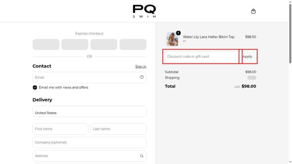 PQ Swim checkout page showing the Discount code or gift card field and Apply button