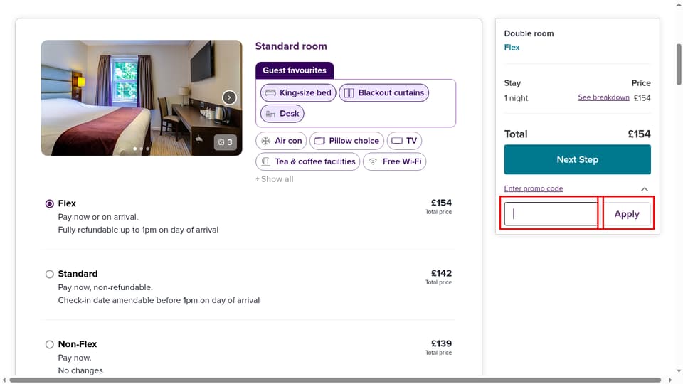 Premier Inn checkout page showing the promo code field and Apply button