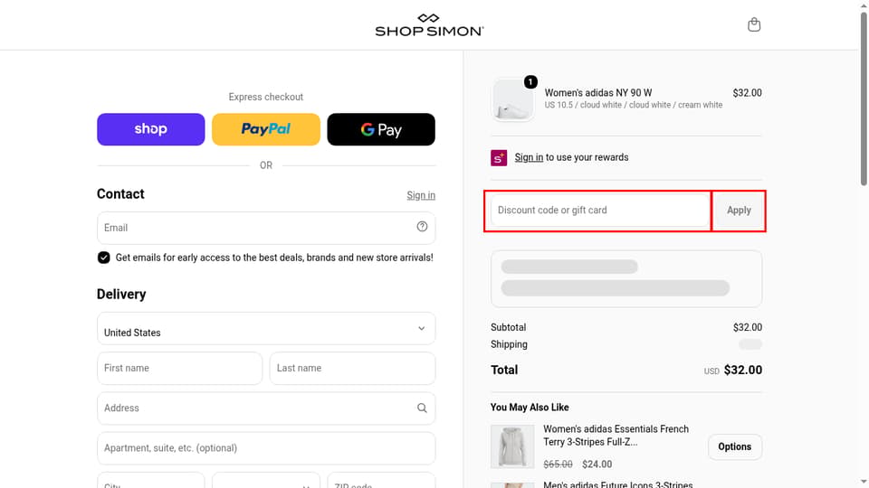 Shop Premium Outlets by Simon checkout page showing the Discount code or gift card field and Apply button