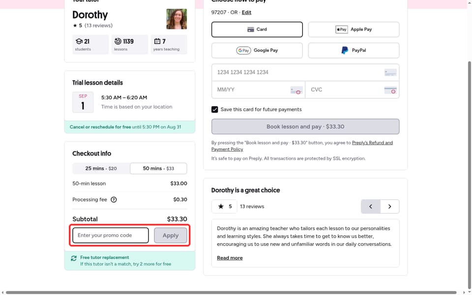 Preply checkout page showing the Enter your promo code field and Apply button