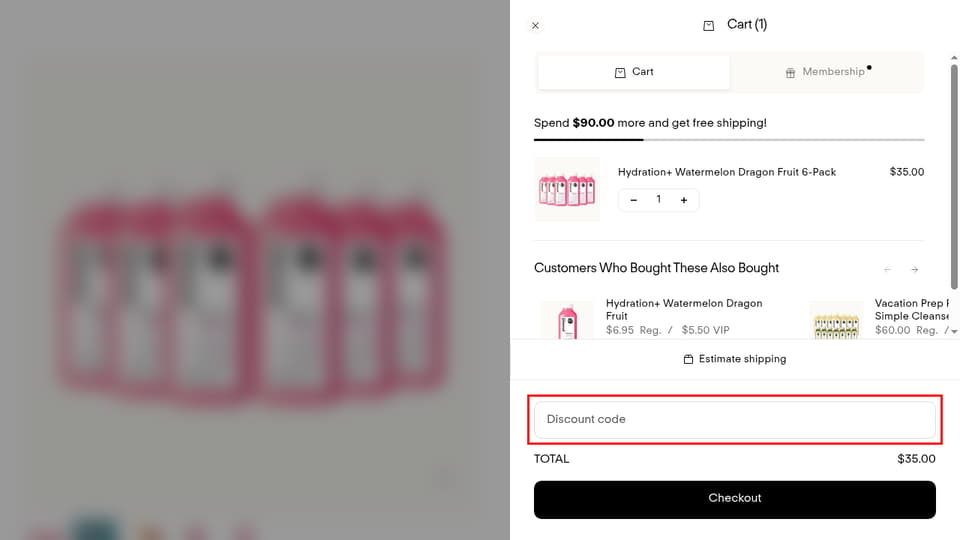Pressed checkout page showing the Discount code field and Apply button