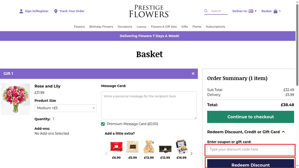 Prestige Flowers checkout page showing the Type your discount code here field and Redeem Discount button