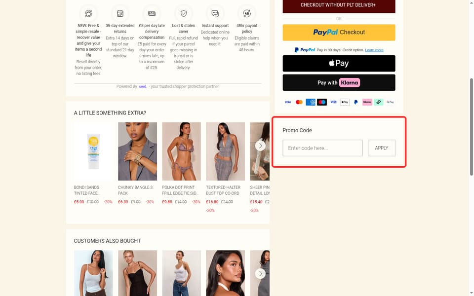 PrettyLittleThing checkout page showing the Enter code here... field and Apply button