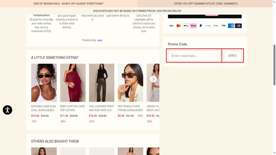 PrettyLittleThing checkout page showing the Enter code here... field and Apply button