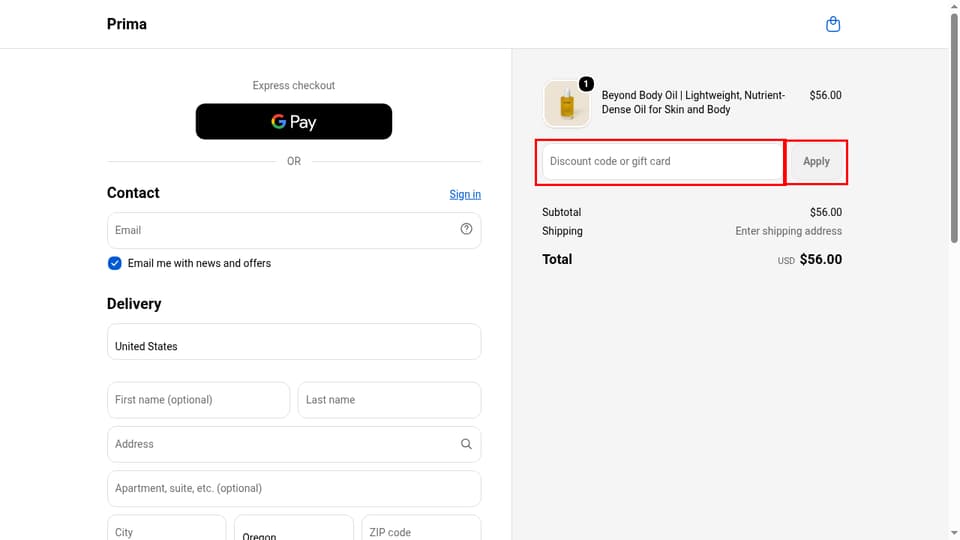 Prima checkout page showing the Discount code or gift card field and Apply button