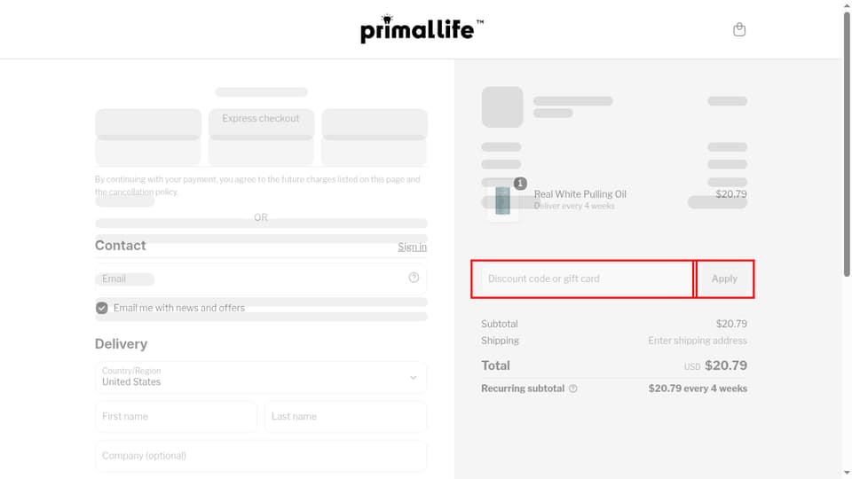 Primal Life Organics checkout page showing the Discount code or gift card field and Apply button