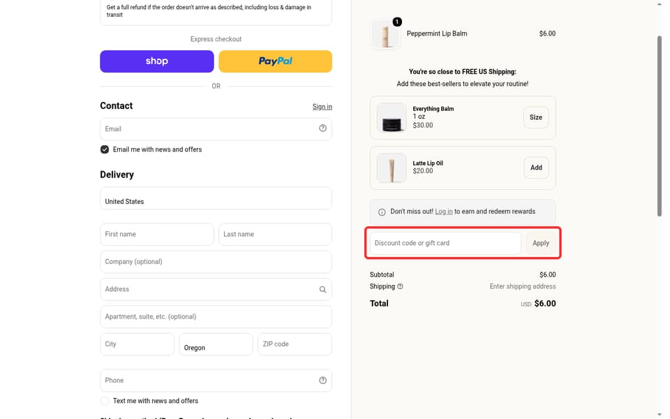 Primally Pure checkout page showing the Discount code or gift card field and Apply button