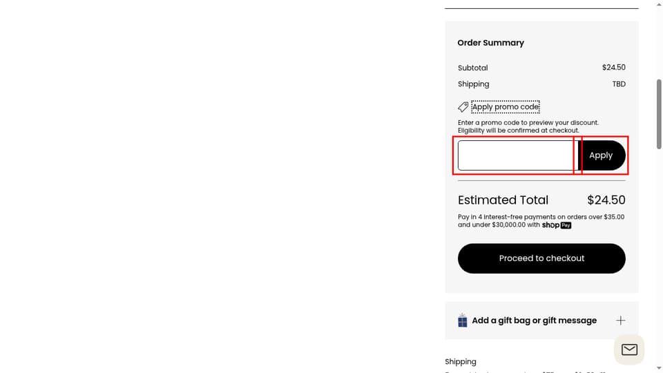 Primary checkout page showing the Discount code field and Apply button