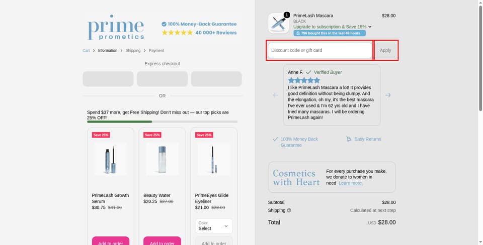 Prime Prometics checkout page showing the 