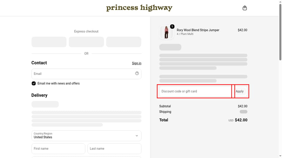 Princess Highway checkout page showing the Discount code or gift card field and Apply button