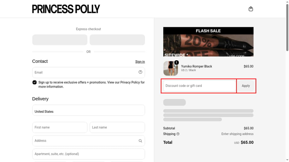 Princess Polly checkout page showing the Discount code or gift card field and Apply button