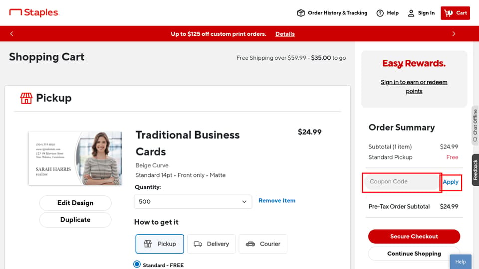 Staples Print & Marketing Services checkout page showing the Coupon Code field and Apply button