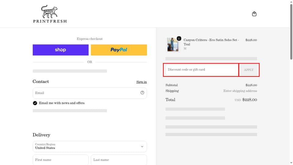 Printfresh checkout page showing the Discount code or gift card field and Apply button