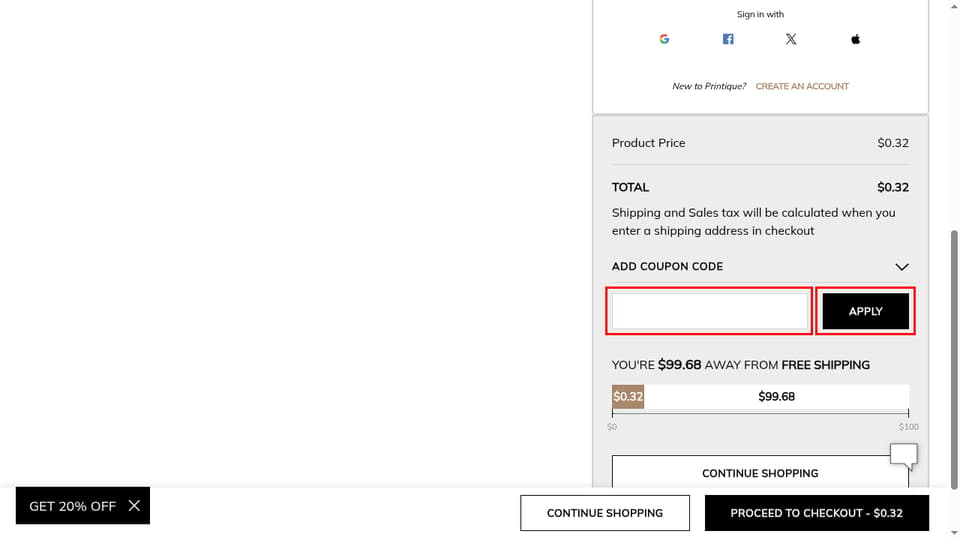 Printique checkout page showing the ADD COUPON CODE field and Apply button