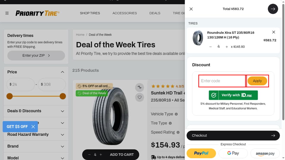 Priority Tire checkout page showing the Enter code field and Apply button