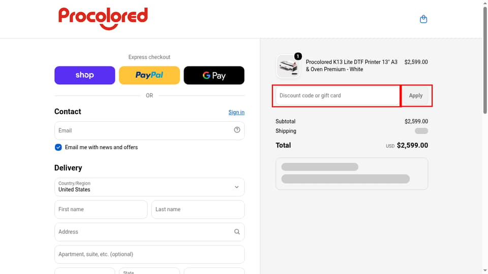 Procolored checkout page showing the Discount code or gift card field and Apply button