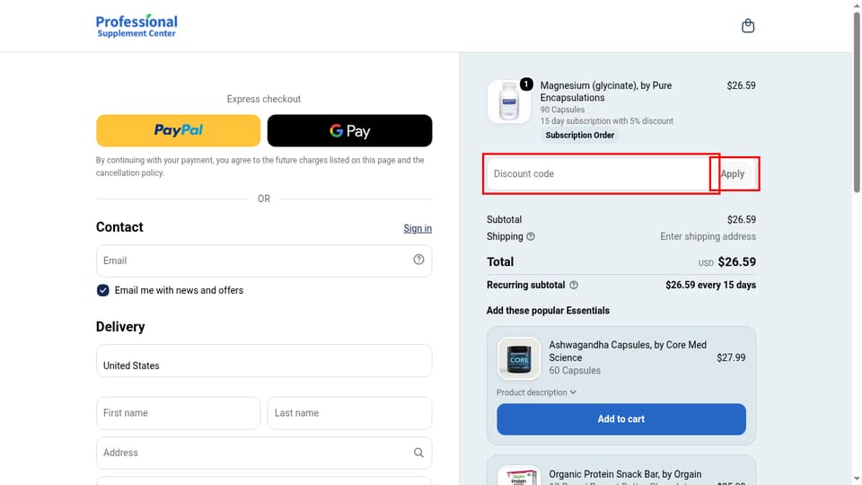 Professional Supplement Center checkout page showing the Discount code field and Apply button