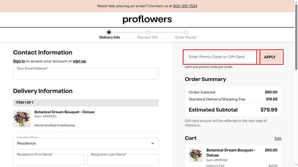 ProFlowers checkout page showing the Enter Promo Code or Gift Card field and Apply button