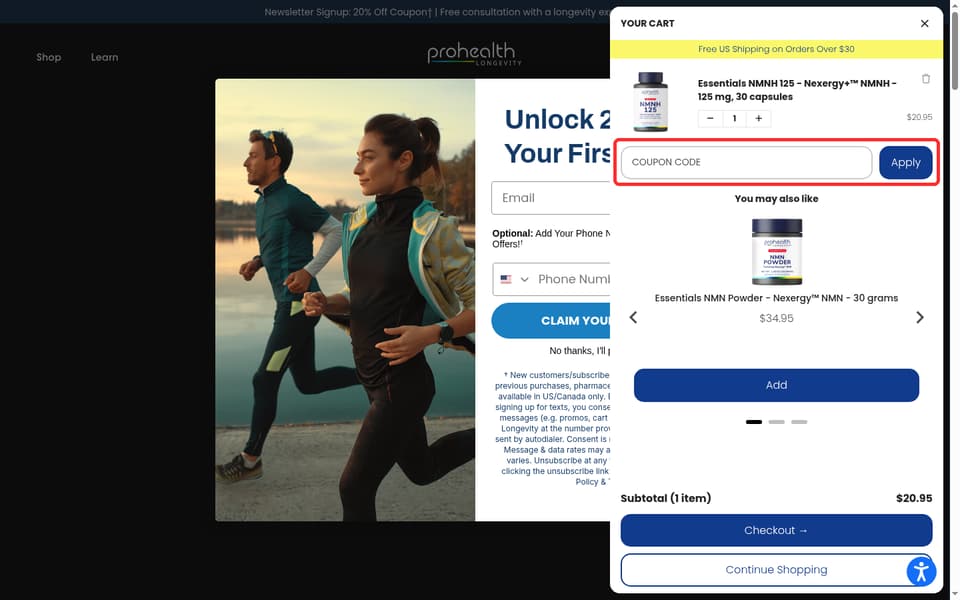 ProHealth Longevity checkout page showing the Coupon Code field and Apply button