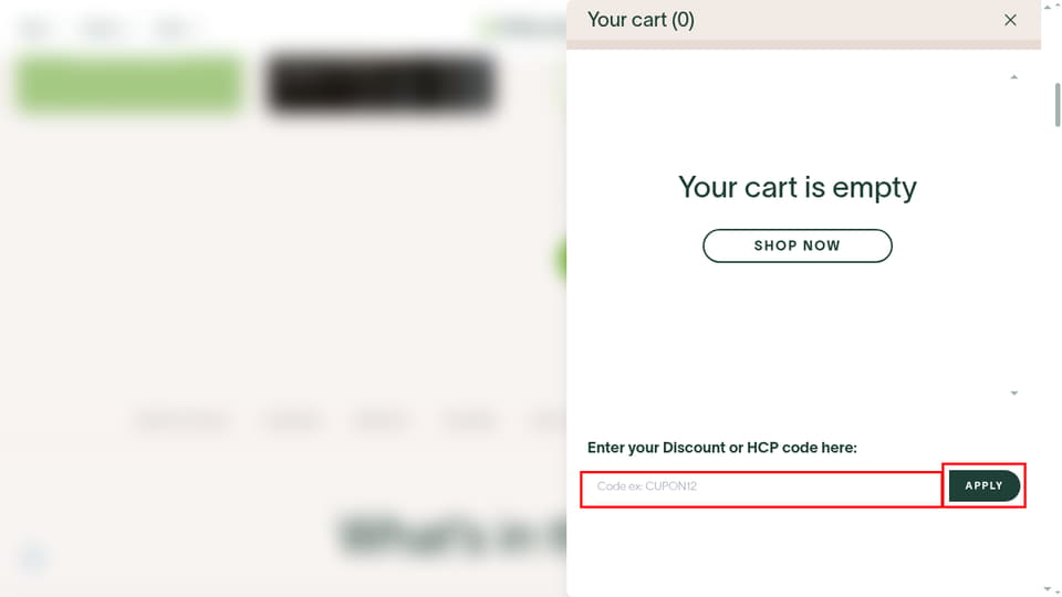 Prolon checkout page showing the Code ex: CUPON12 field and APPLY button