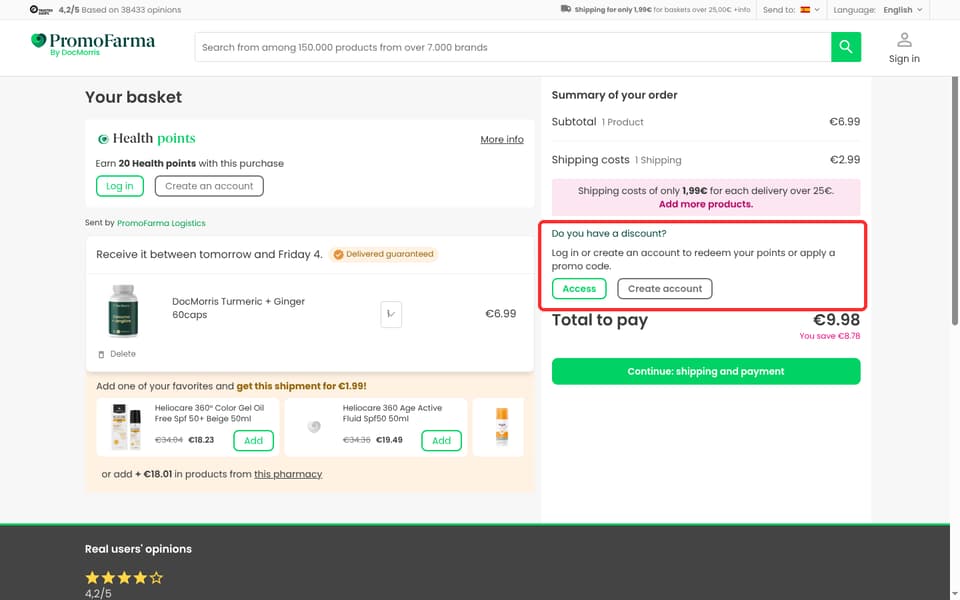 PromoFarma by DocMorris checkout page showing the Do you have a discount? field and Apply button