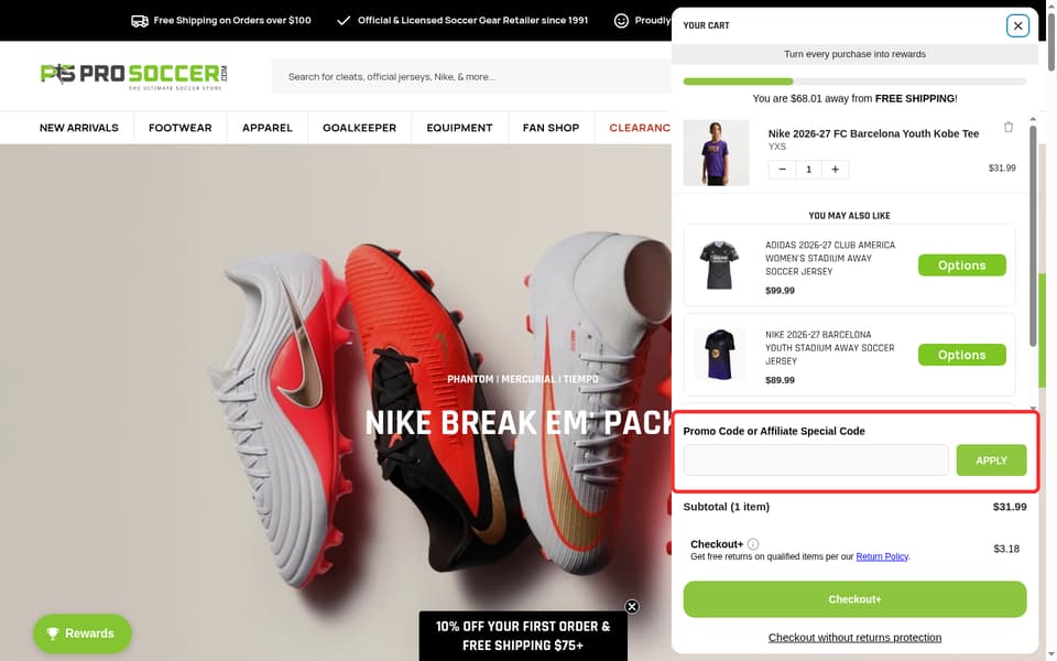 ProSoccer.com checkout page showing the Promo Code or Affiliate Special Code field and Apply button