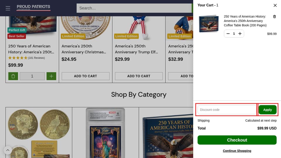 Proud Patriots checkout page showing the Discount code field and Apply button