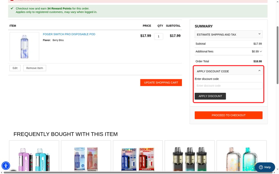 ProVape checkout page showing the Enter discount code field and Apply Discount button