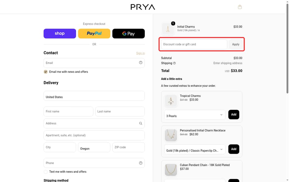 PRYA checkout page showing the Discount code or gift card field and Apply button