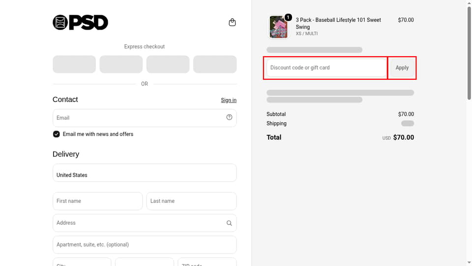 PSD Underwear checkout page showing the Discount code or gift card field and Apply button