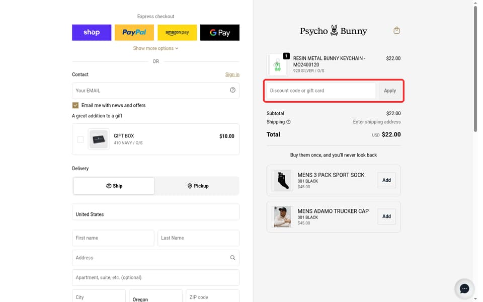 Psycho Bunny checkout page showing the Discount code or gift card field and Apply button