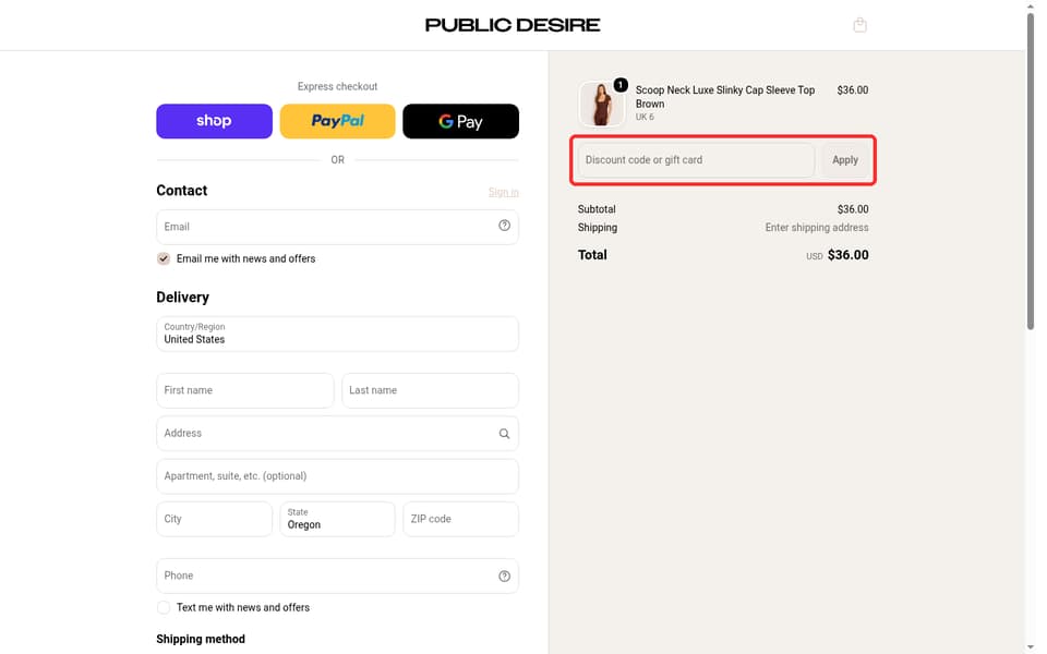 Public Desire checkout page showing the Discount code or gift card field and Apply button