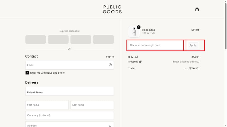 Public Goods checkout page showing the Discount code or gift card field and Apply button